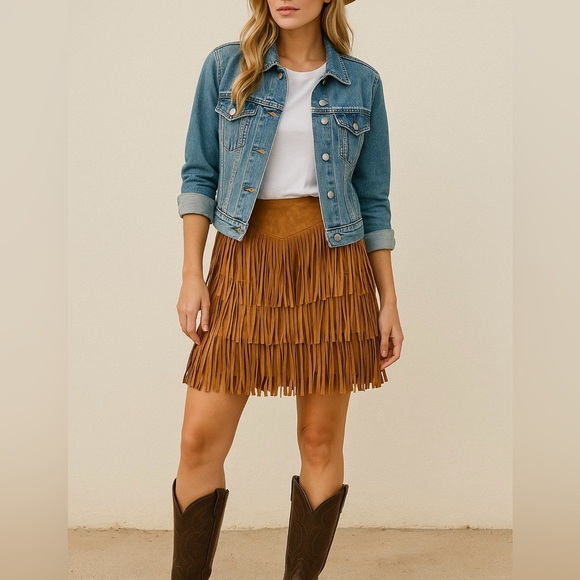 Lucchese Annabelle Lamb Leather Fringe Skirt Cinnamon Tan Suede Size M NWT - Picture 1 of 15